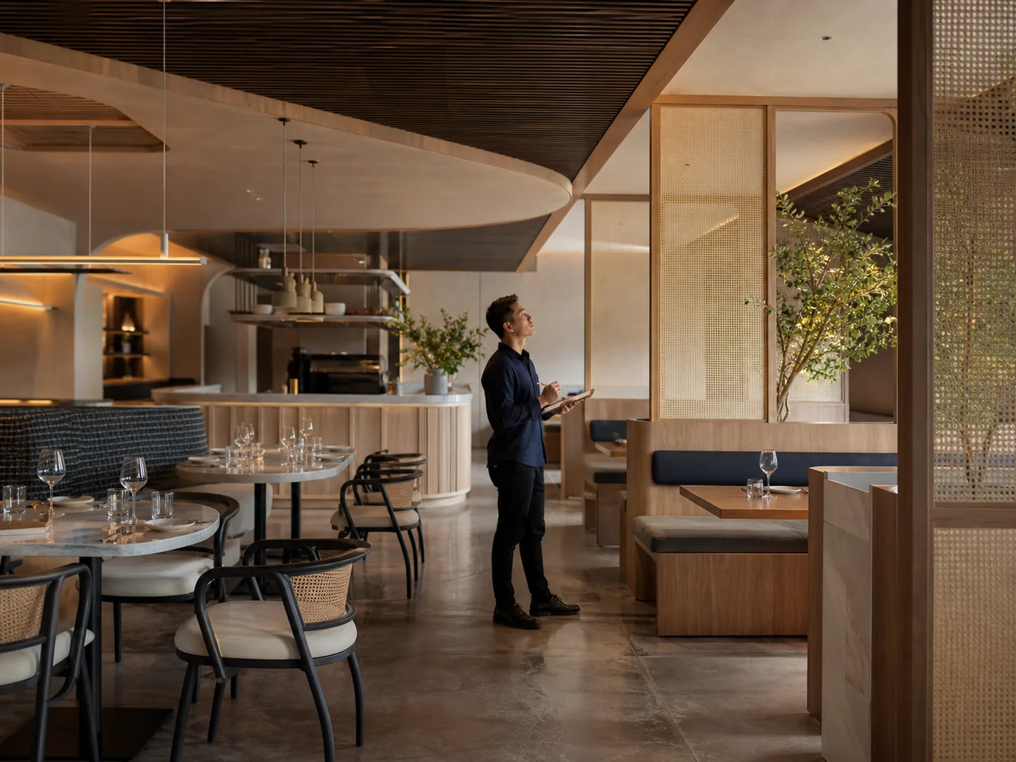 Architect inspecting a completed restaurant interior fit-out